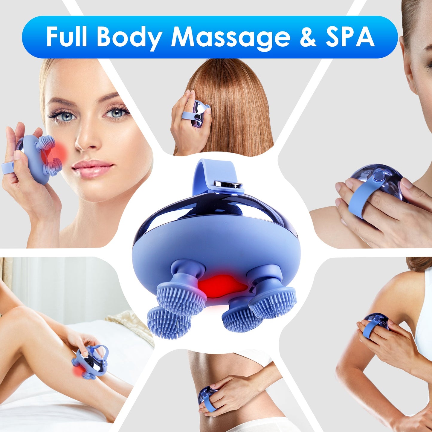 1Pc Electric Scalp Massager Rechargeable Head Mssager IPX7 Waterproof Dog Cat Massager With Red Light 3 Modes 3 Types Of Massage Claws For Men Women Elders