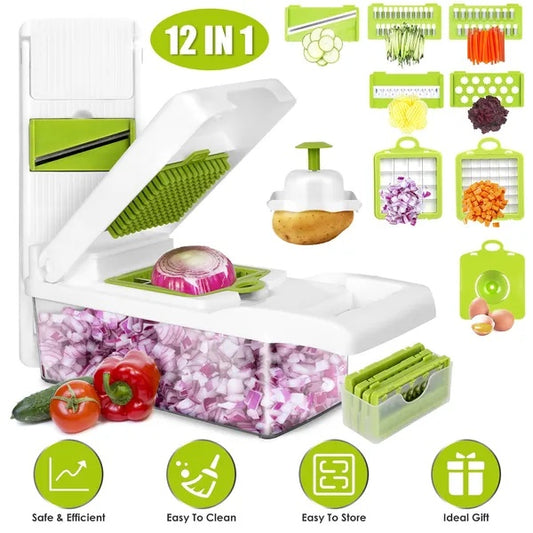 12-in-1 Vegetable Chopper with Container – Multifunction Food Slicer, Dicer & Grater